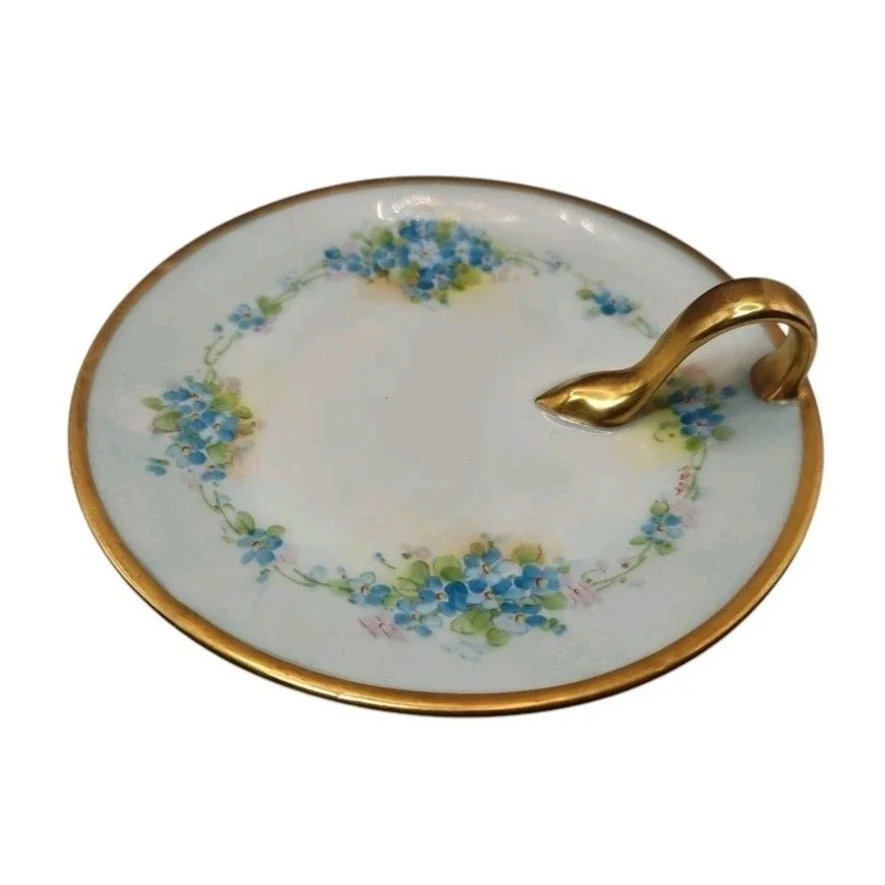 Antique Bavaria Nappy Lemon Dish Blue Hand‎ Painted Floral Gold Trim Handle SEE